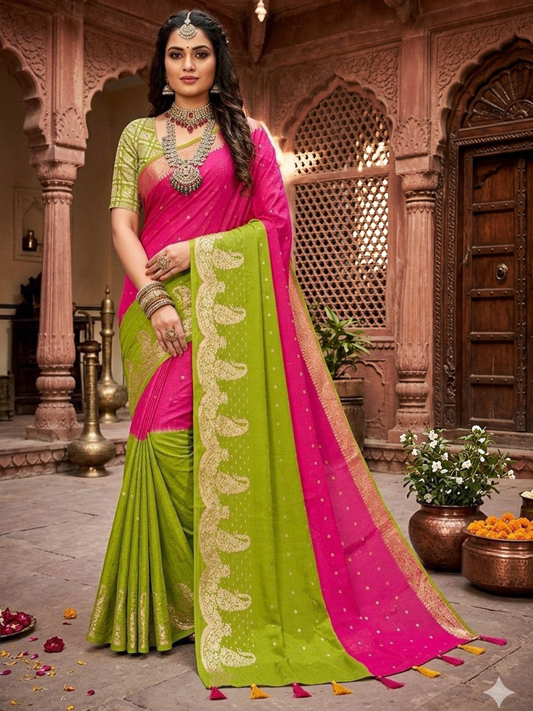 Multicolor Chinon Saree with Woven Zari Work Rich Traditional Look