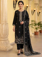 Elegant Black Pure Cotton Embroidered Straight Cut Salwar Suit Set