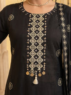 Elegant Black Pure Cotton Embroidered Straight Cut Salwar Suit Set