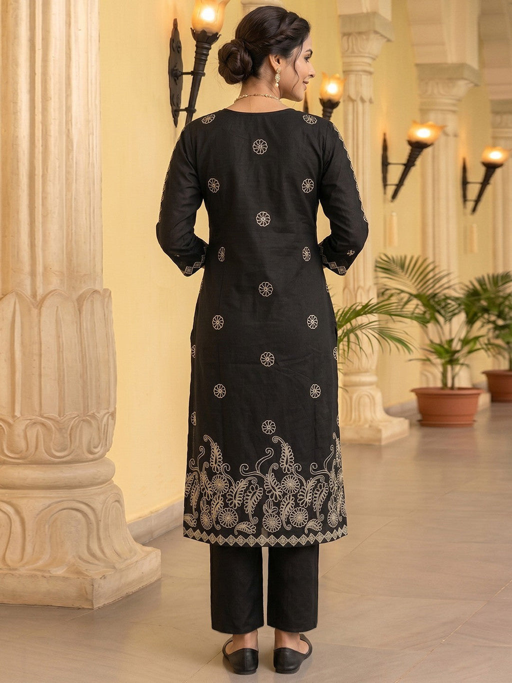 Elegant Black Pure Cotton Embroidered Straight Cut Salwar Suit Set