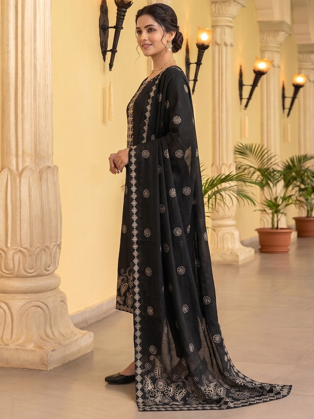 Elegant Black Pure Cotton Embroidered Straight Cut Salwar Suit Set