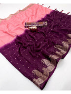 Stylish Multicolor Chinon Saree with Woven Zari Work Elegant Look