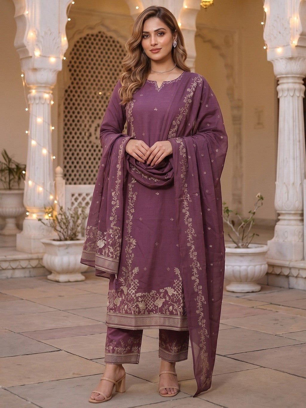 Wine Embroidered Pure Cotton Straight Cut Salwar Suit Set Festive Ethnic Wear
