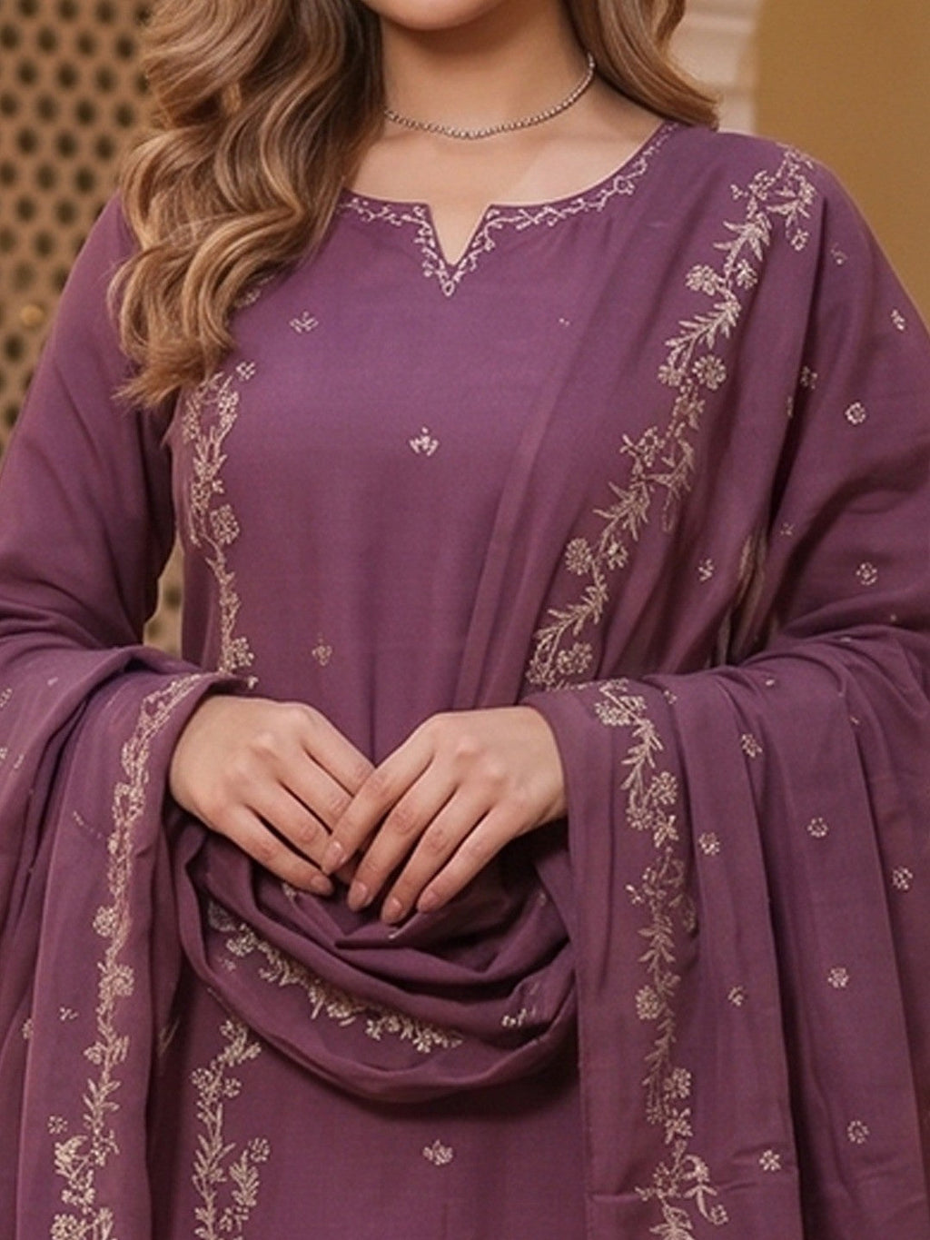 Wine Embroidered Pure Cotton Straight Cut Salwar Suit Set Festive Ethnic Wear