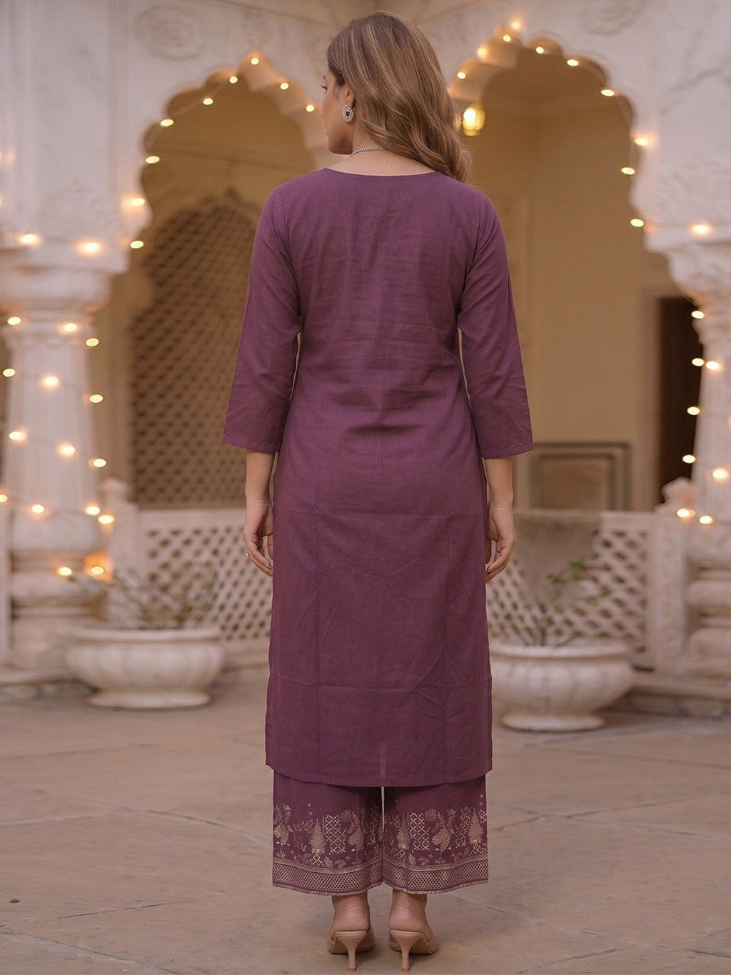 Wine Embroidered Pure Cotton Straight Cut Salwar Suit Set Festive Ethnic Wear