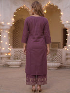 Wine Embroidered Pure Cotton Straight Cut Salwar Suit Set Festive Ethnic Wear
