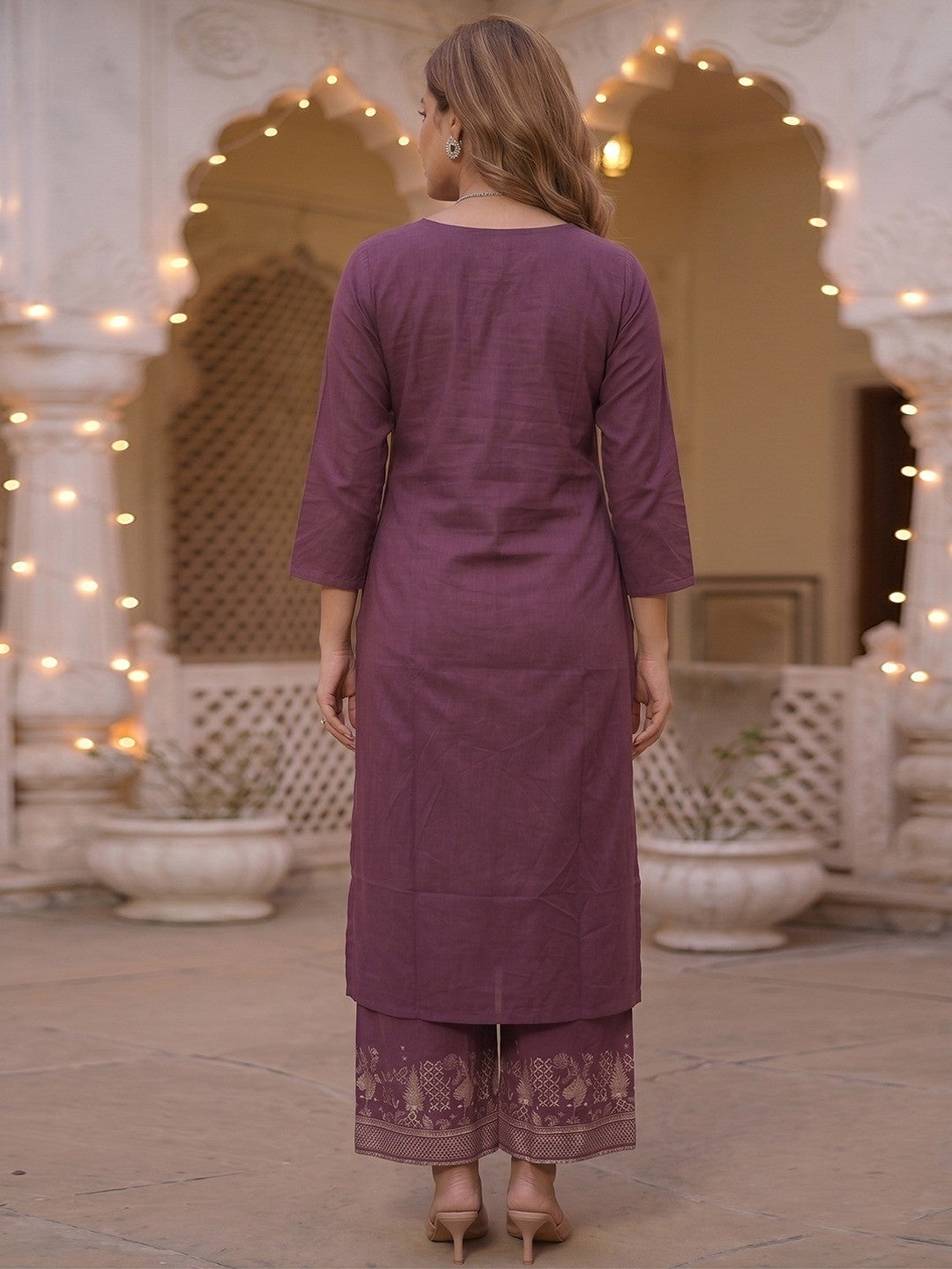 Wine Embroidered Pure Cotton Straight Cut Salwar Suit Set Festive Ethnic Wear