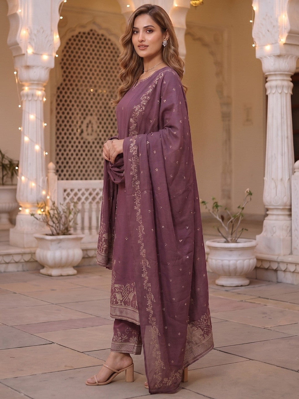 Wine Embroidered Pure Cotton Straight Cut Salwar Suit Set Festive Ethnic Wear