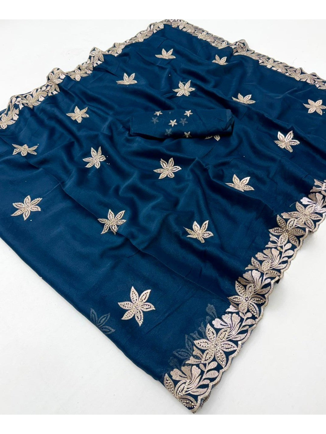 Designer Teal Georgette Saree with Star Embroidery Chic Party Outfit