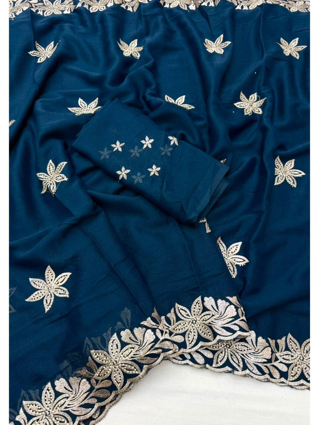 Designer Teal Georgette Saree with Star Embroidery Chic Party Outfit