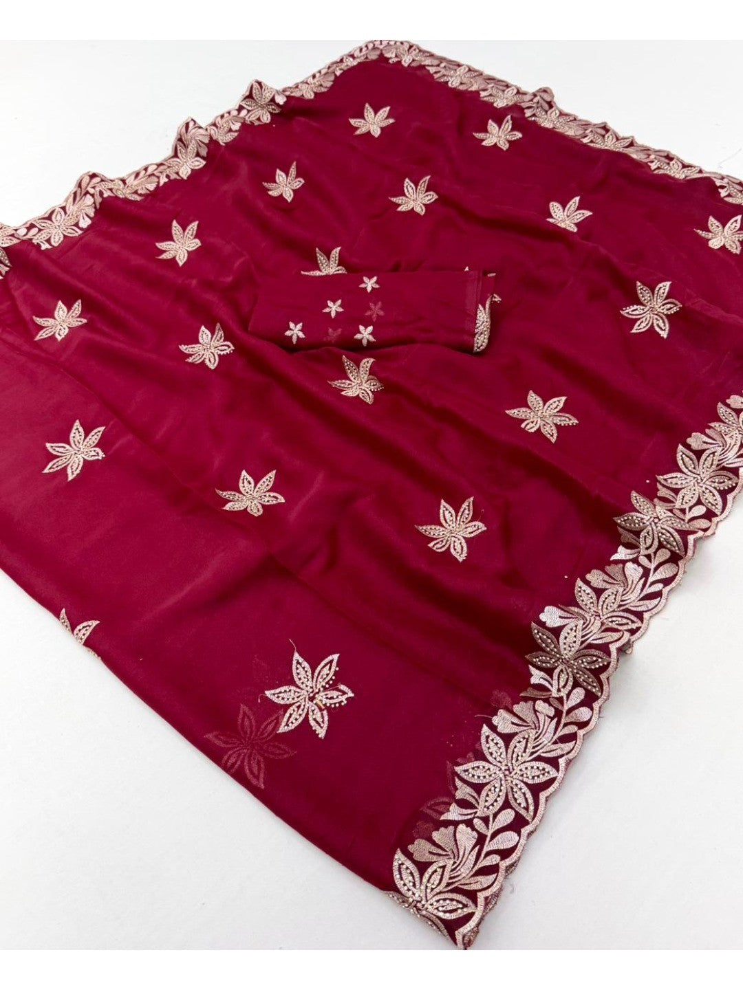 Elegant Red Georgette Saree with Delicate Star Thread Work Embroidery