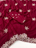 Elegant Red Georgette Saree with Delicate Star Thread Work Embroidery