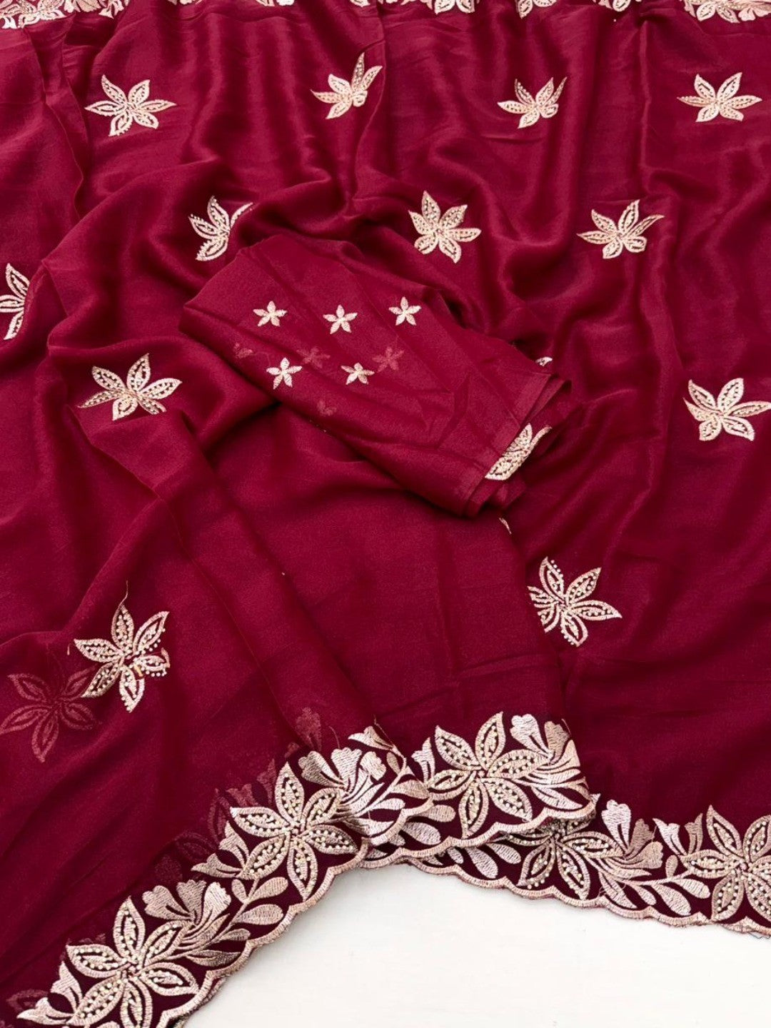 Elegant Red Georgette Saree with Delicate Star Thread Work Embroidery