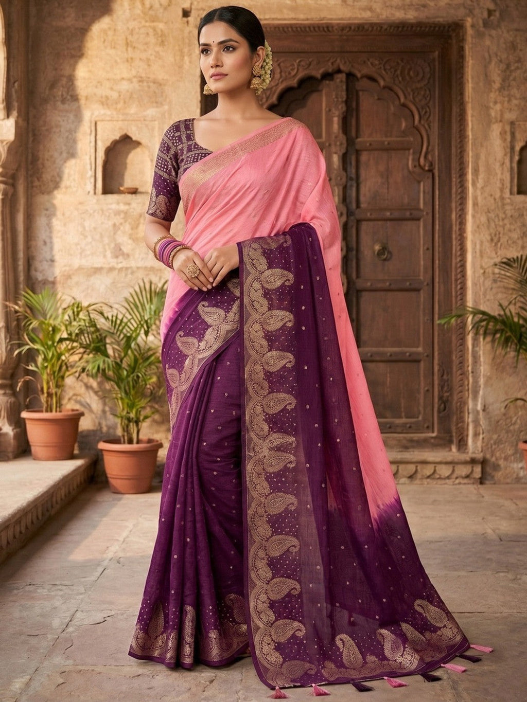 Stylish Multicolor Chinon Saree with Woven Zari Work Elegant Look