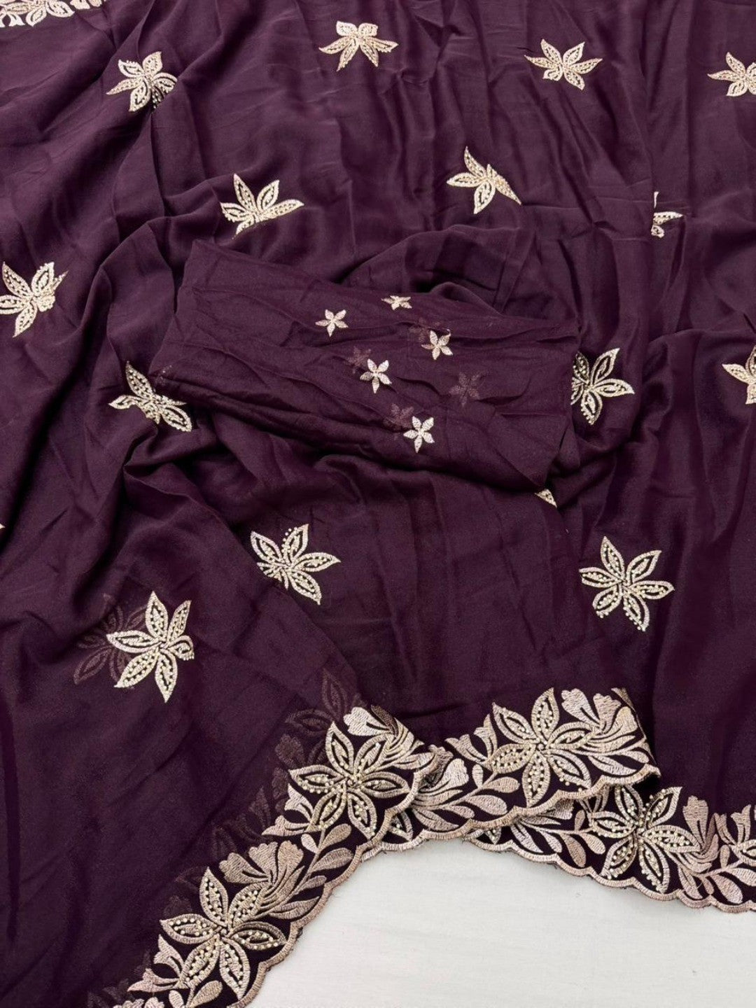 Designer Wine Georgette Saree with Star Embroidery Chic Party Outfit