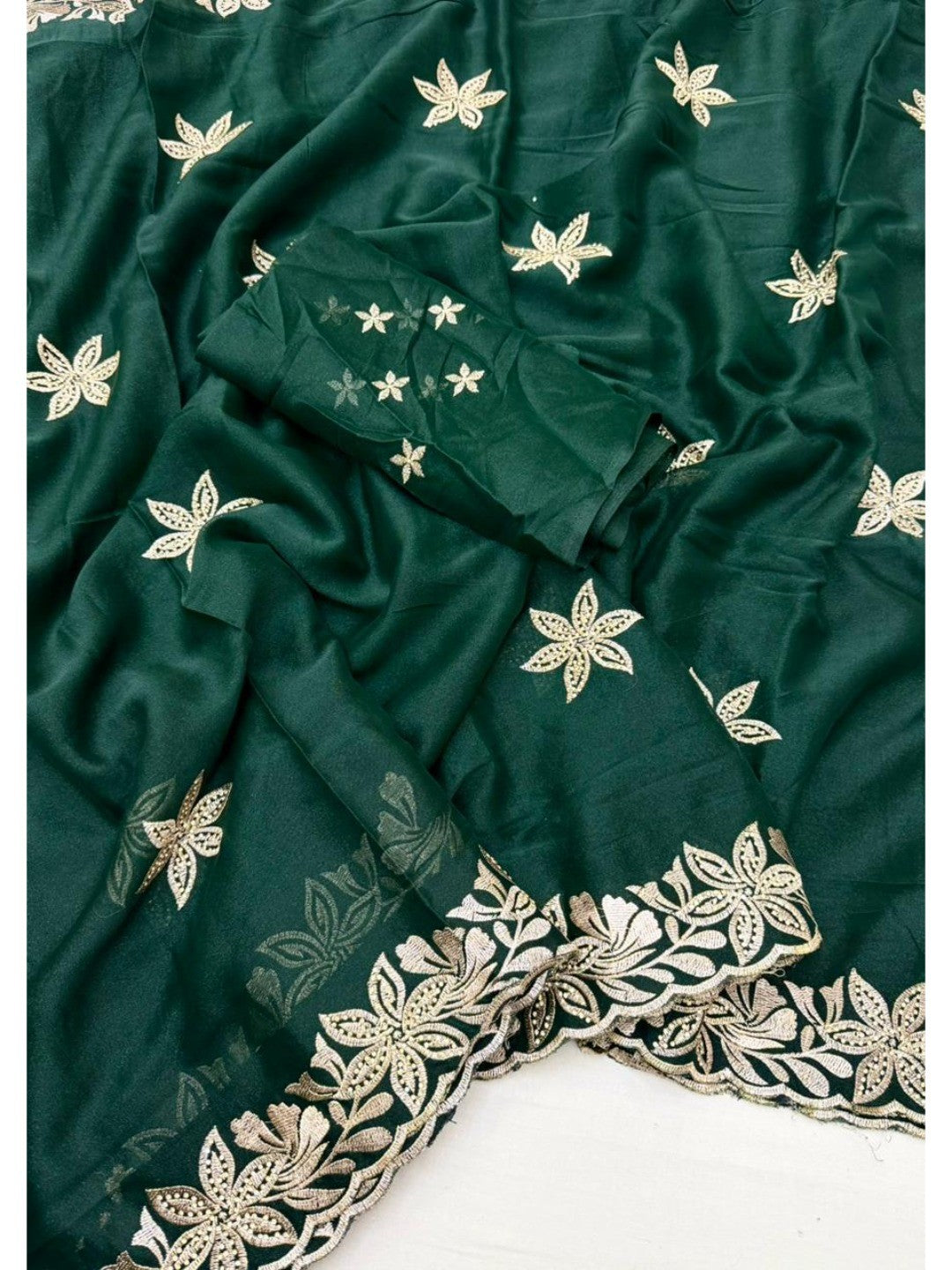 Elegant Green Georgette Saree with Floral Thread Work Embroidery