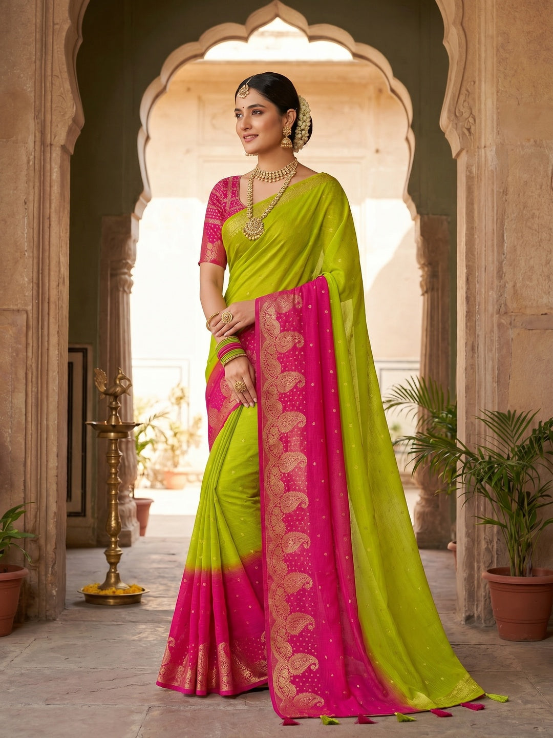Stylish Multicolor Chinon Saree with Woven Zari Work Elegant Look