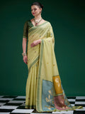 Designer Green Jamdani Cotton Silk Saree With Floral Zari Weaving & Tassel Pallu