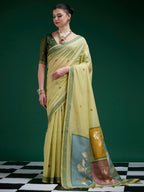 Designer Green Jamdani Cotton Silk Saree With Floral Zari Weaving & Tassel Pallu