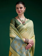 Designer Green Jamdani Cotton Silk Saree With Floral Zari Weaving & Tassel Pallu