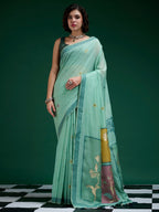 Designer Turquoise Jamdani Cotton Silk Saree With Floral Zari Weaving & Tassel Pallu