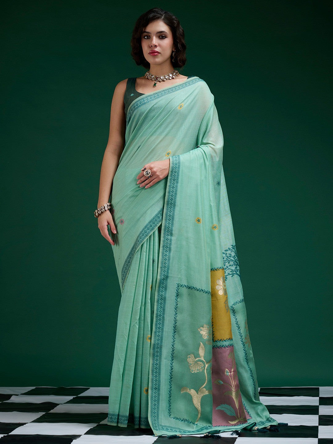 Designer Turquoise Jamdani Cotton Silk Saree With Floral Zari Weaving & Tassel Pallu