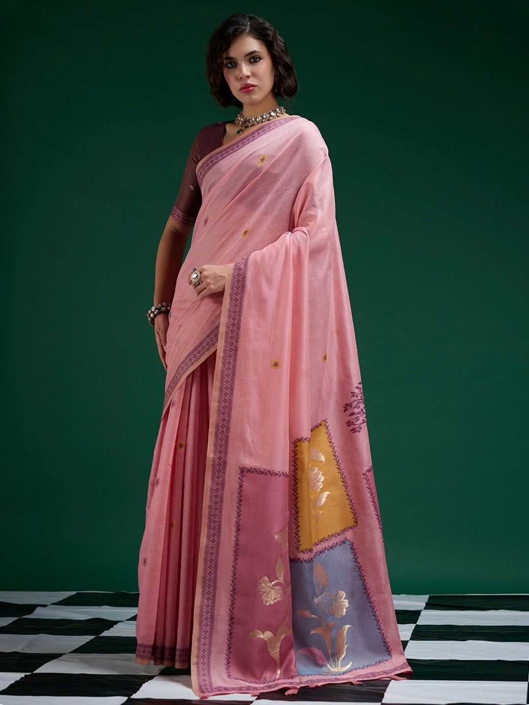 Designer Pink Jamdani Cotton Silk Saree With Floral Zari Weaving & Tassel Pallu