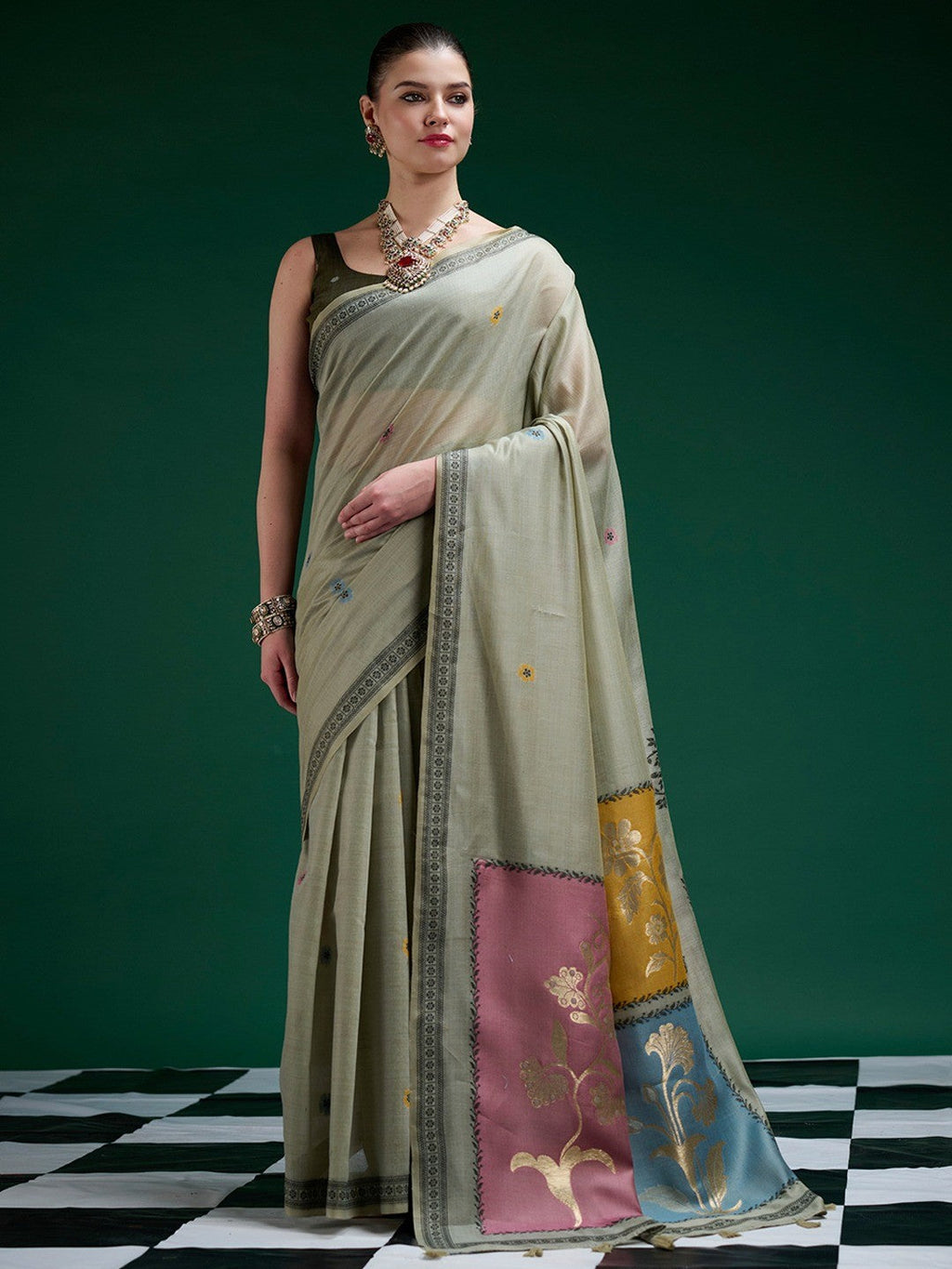 Designer Sage Green Jamdani Cotton Silk Saree With Floral Zari Weaving & Tassel Pallu