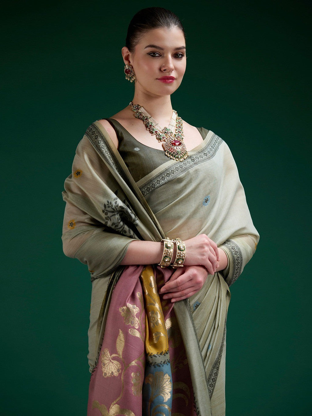 Designer Sage Green Jamdani Cotton Silk Saree With Floral Zari Weaving & Tassel Pallu
