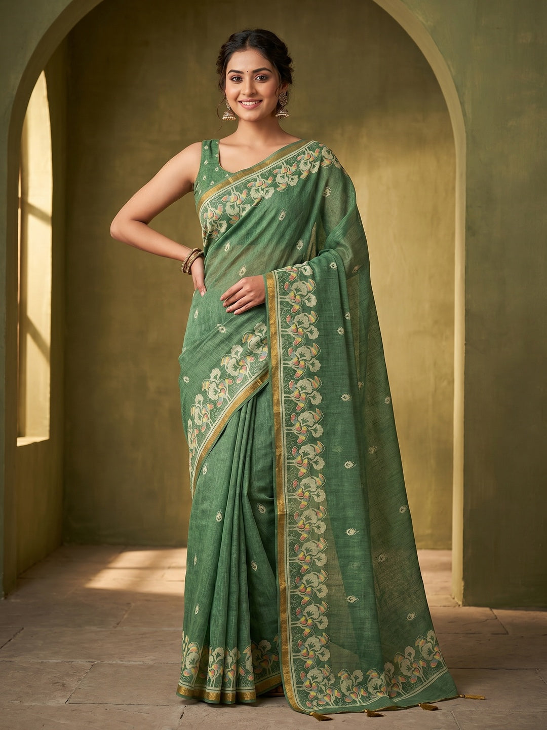 Elegant Green Linen Saree with Floral Border Print