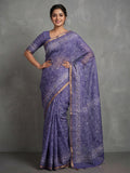 Elegant Purple Linen Saree with Floral Print and Border Detail