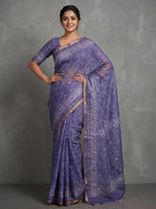 Elegant Purple Linen Saree with Floral Print and Border Detail
