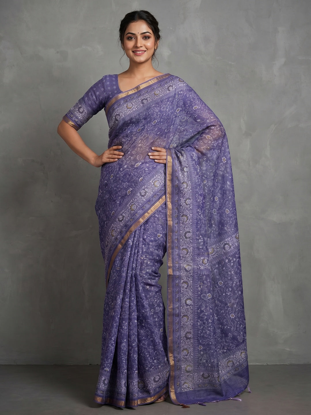 Elegant Purple Linen Saree with Floral Print and Border Detail
