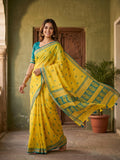 Elegant Yellow Linen Saree with Teal Border - Traditional Indian Wear