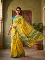 Elegant Yellow Linen Saree with Teal Border - Traditional Indian Wear