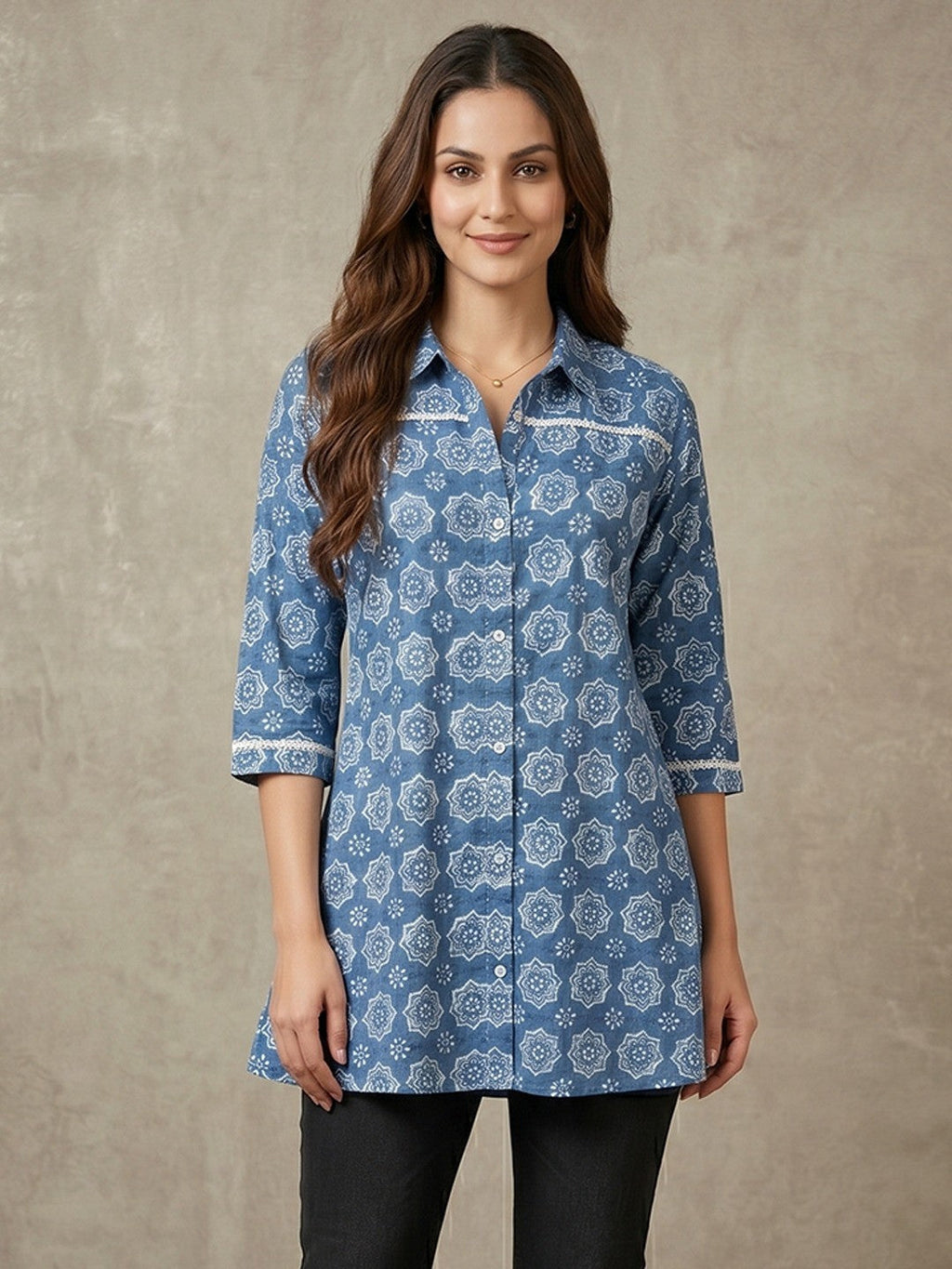 Geometric Printed Blue Pure Cotton Shirt Style Top
