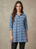 Geometric Printed Blue Pure Cotton Shirt Style Top
