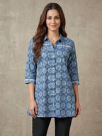 Geometric Printed Blue Pure Cotton Shirt Style Top