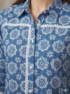 Geometric Printed Blue Pure Cotton Shirt Style Top
