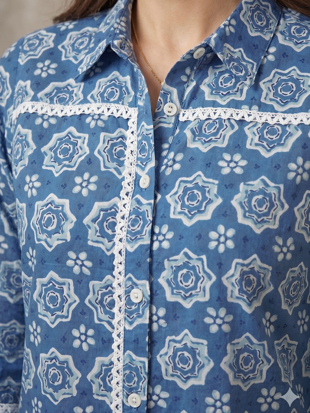 Geometric Printed Blue Pure Cotton Shirt Style Top