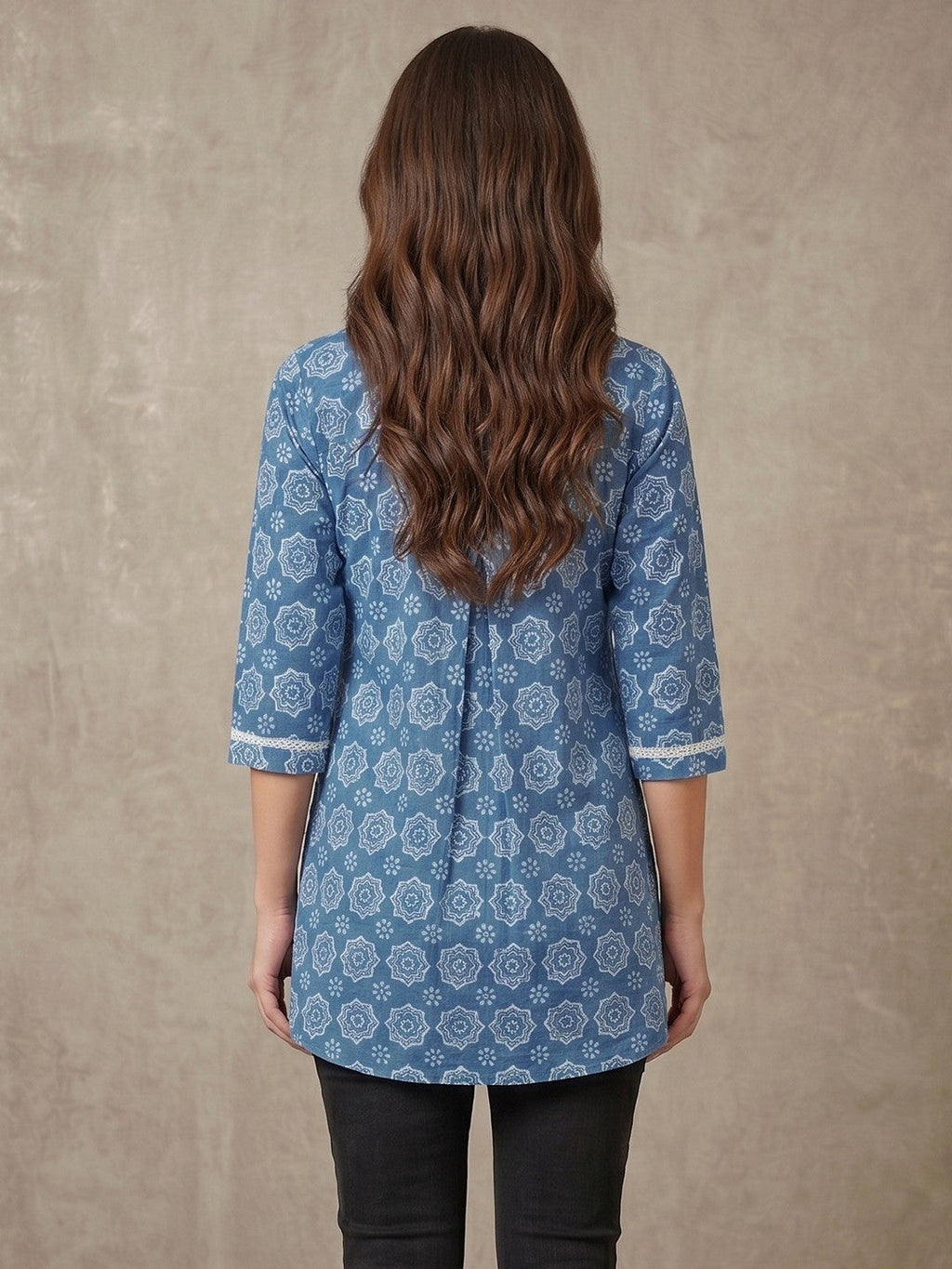 Geometric Printed Blue Pure Cotton Shirt Style Top