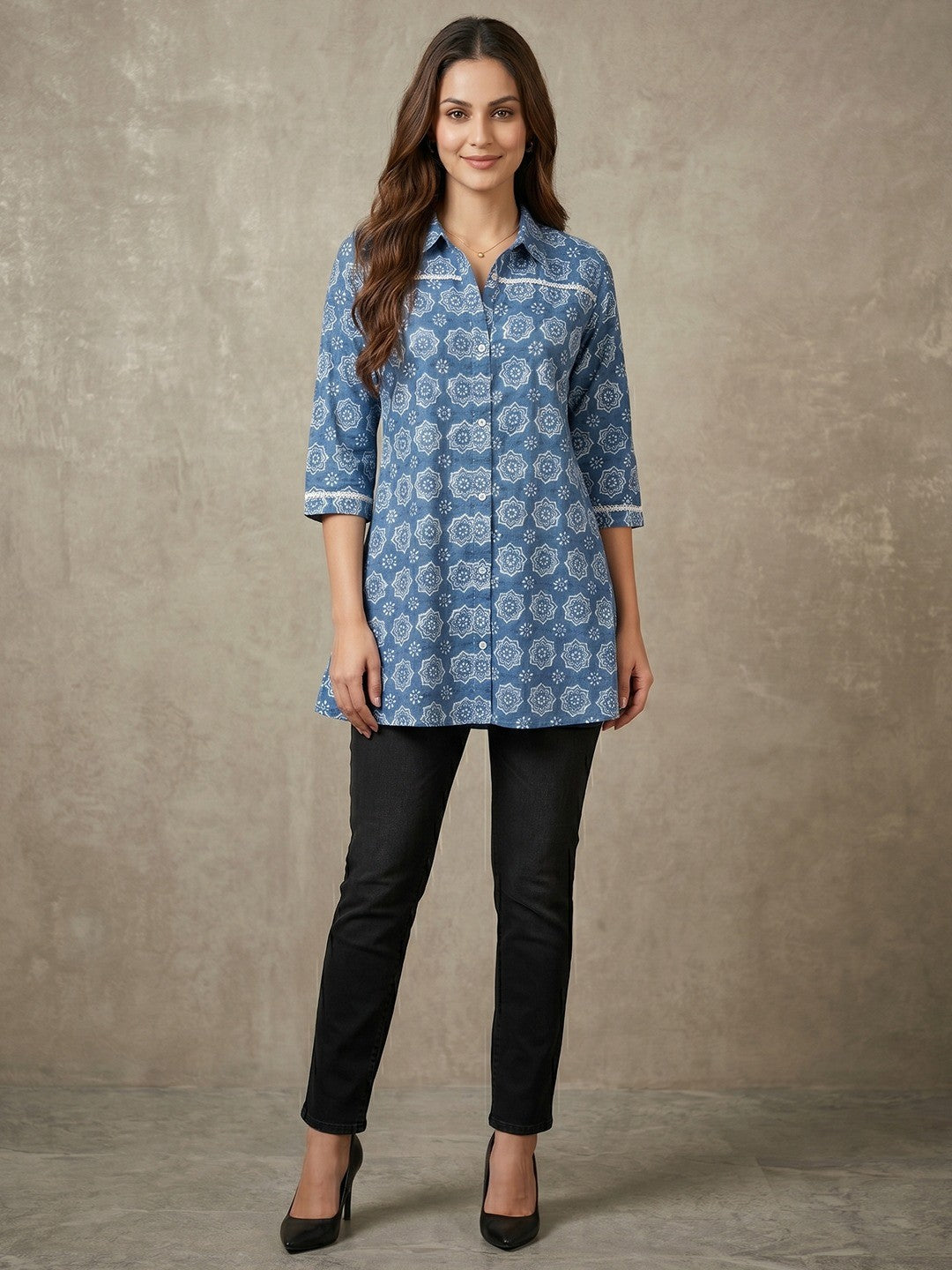 Geometric Printed Blue Pure Cotton Shirt Style Top