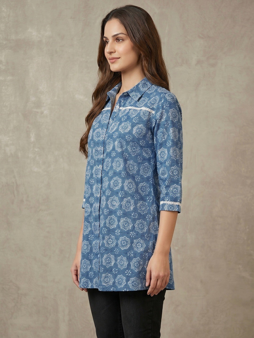 Geometric Printed Blue Pure Cotton Shirt Style Top
