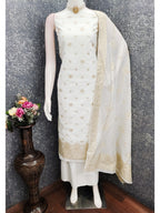 Elegant White Banarasi Silk Dress Material with Zari Work