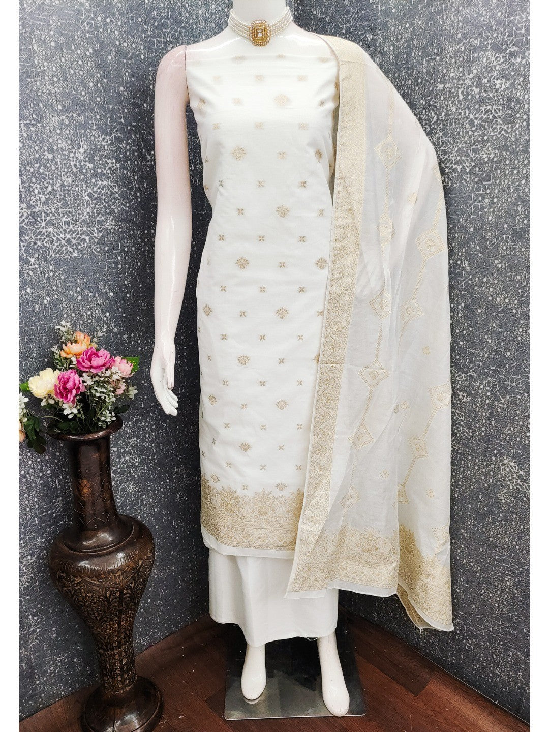 Elegant White Banarasi Silk Dress Material with Zari Work