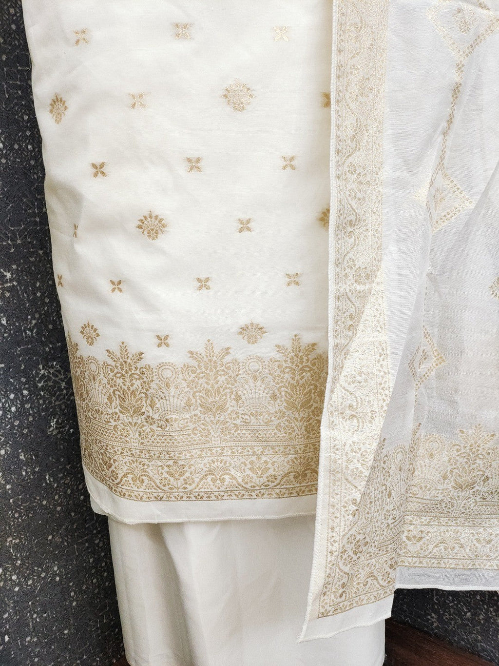 Elegant White Banarasi Silk Dress Material with Zari Work