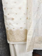 Elegant White Banarasi Silk Dress Material with Zari Work