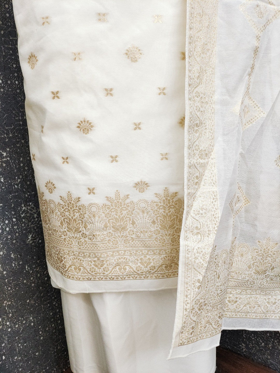 Elegant White Banarasi Silk Dress Material with Zari Work