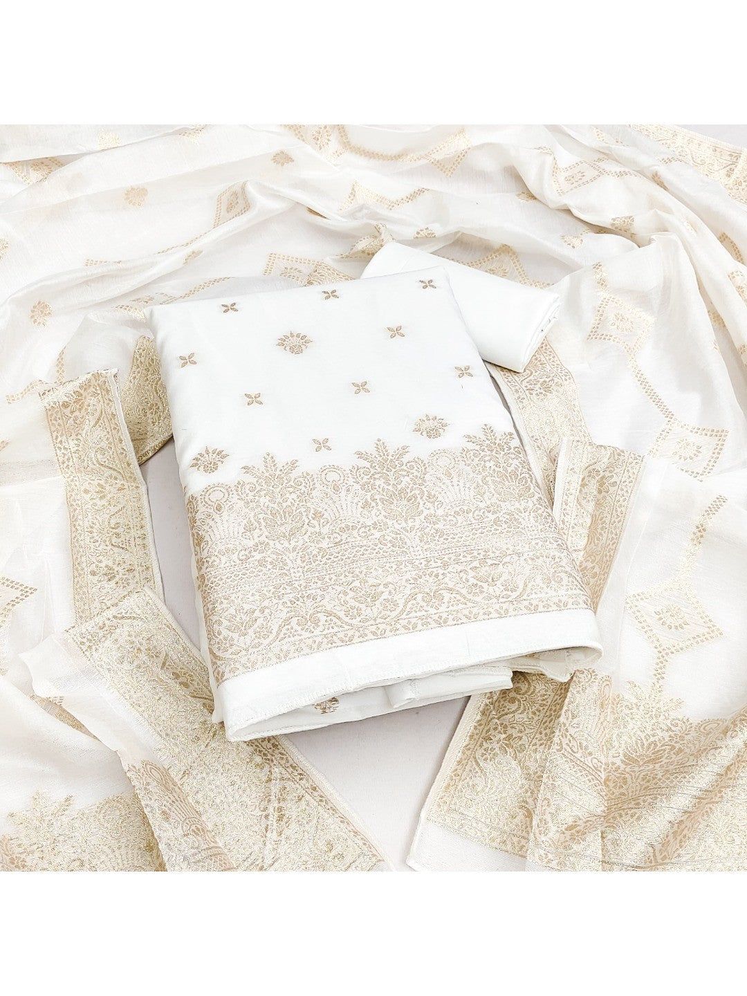 Elegant White Banarasi Silk Dress Material with Zari Work