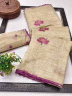 Stylish Beige Purple Floral Weaving Cotton Blend Jamdani Saree
